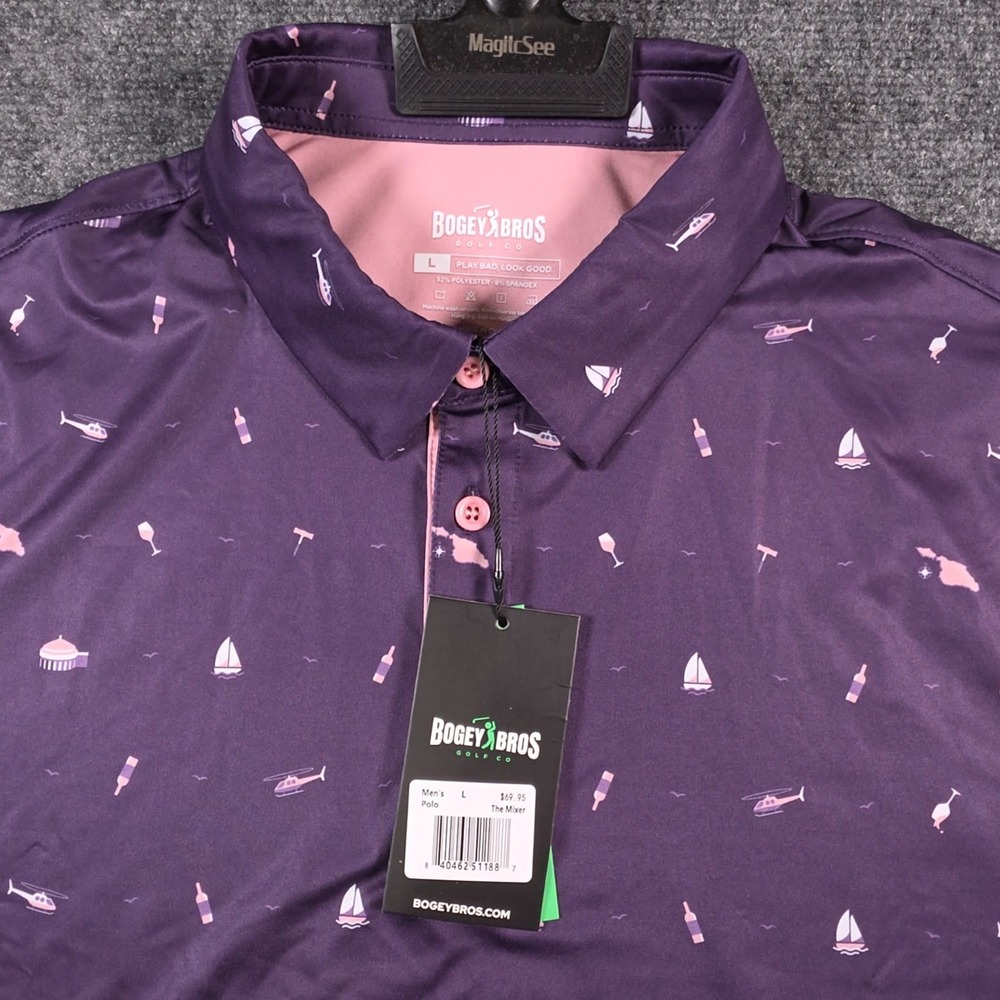NWT Bogey Bros The Mixer Polo Mens Large Purple SPF Moisture Wicking
